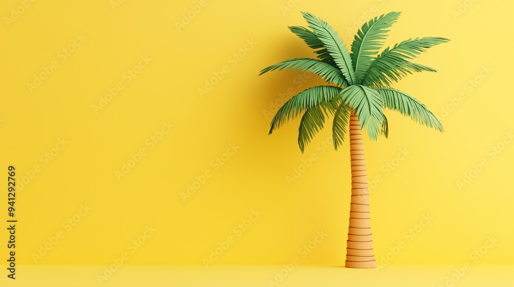 Obraz premium A vibrant palm tree stands alone against a bright yellow background, 3d illustration.