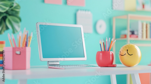 A vibrant and colorful classroom scene showcasing a variety of school supplies neatly arranged on desks