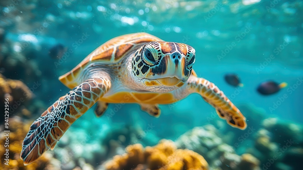 Fototapeta premium vibrant underwater scene majestic sea turtle gliding through crystalclear waters surrounded by a kaleidoscope of tropical fish and vibrant coral formations