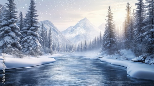 A peaceful winter scene with a flowing river, snow-covered pines, and majestic mountains. photo