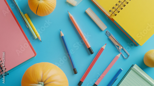 A vibrant and colorful classroom scene showcasing a variety of school supplies neatly arranged on desks