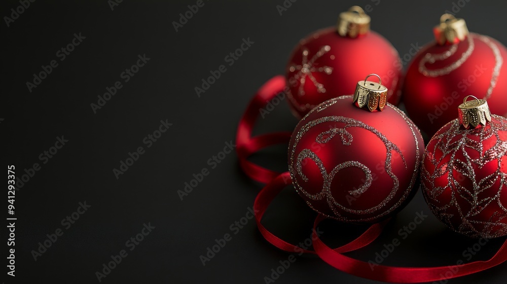 Ribboned balls with Merry Christmas and Happy New Year decorations