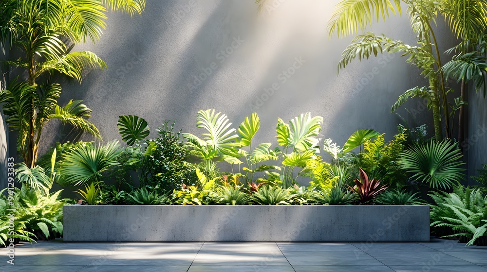Lush urban garden, concrete rectangular planters, abundant tropical foliage, monstera leaves, ferns, trailing plants, modern architectural backdrop, minimalist design. Lush urban garden, concrete rectangular planters, abundant tropical foliage, monstera leaves, ferns, trailing plants, modern architectural backdrop, minimalist design.