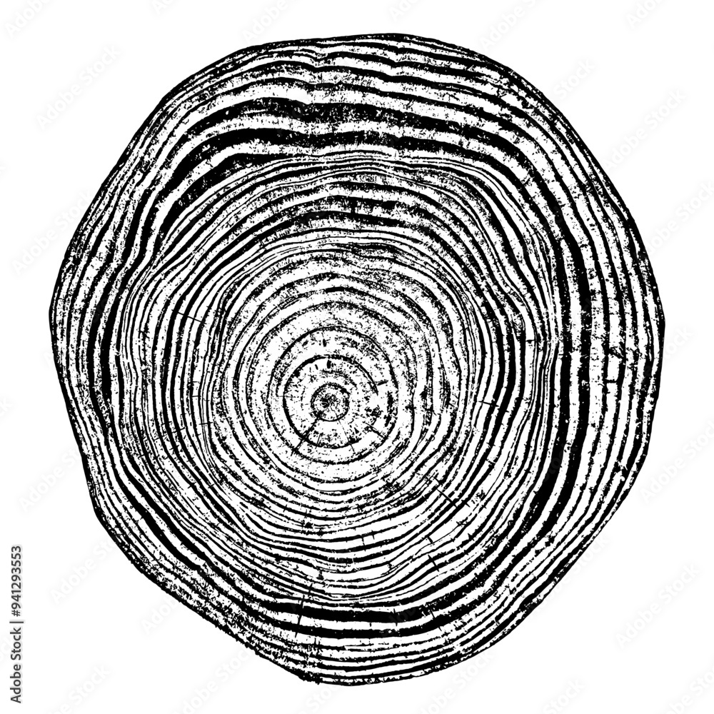 Сross section of wood texture. Tree rings. Cut slice of wooden print isolated on white. Textured surface with rings and cracks. Background made of hardwood from the forest. Vector EPS 10.