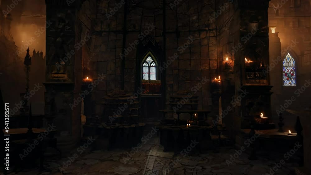 Exploring a dimly lit medieval chapel with stained glass windows and flickering candles Exploring a dimly lit medieval chapel with stained glass windows and flickering candles