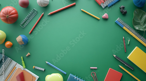 A vibrant and colorful classroom scene showcasing a variety of school supplies neatly arranged on desks