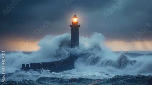 Lone lighthouse standing against a stormy sea, with dramatic lighting highlighting its resilience