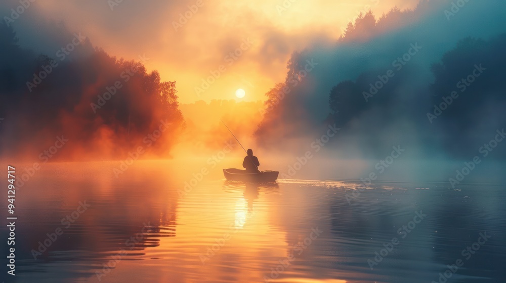 A lone fisherman on a misty lake at dawn, captured with serene, cinematic lighting A lone fisherman on a misty lake at dawn, captured with serene, cinematic lighting