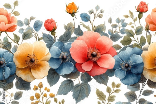 Decorative floral arrangement forming a pattern with orange and blue flowers