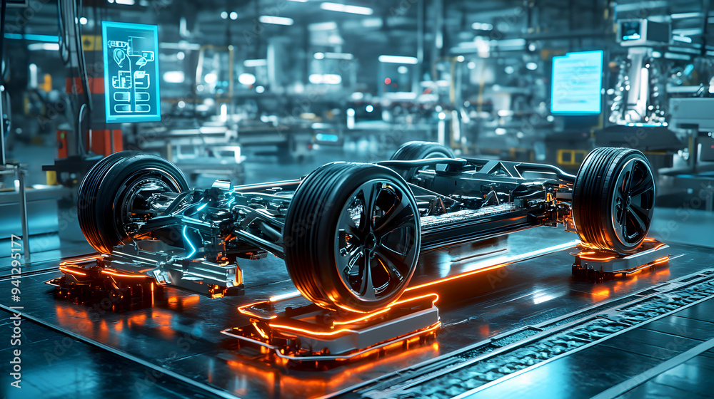 Fototapeta premium Artistic A stylized, artistic rendering of an electric vehicle chassis, with exaggerated shapes and bold colors. The factory floor is abstract