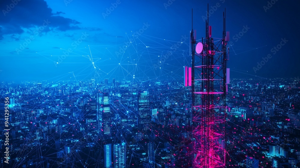 Fototapeta premium A futuristic cityscape with a prominent communication tower symbolizing advanced network infrastructure.