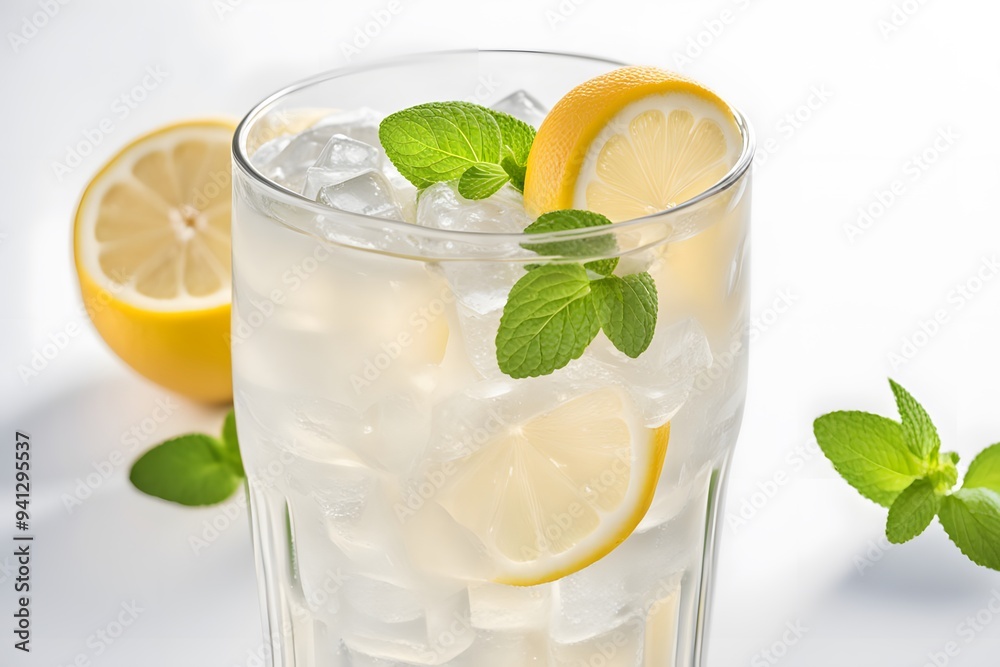 A refreshing glass of iced lemonade with lemon slices and mint leaves on a white background, AI Generated A refreshing glass of iced lemonade with lemon slices and mint leaves on a white background, AI Generated