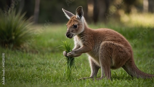 A baby kangaroo chewing on grass with a soft, blurred green background