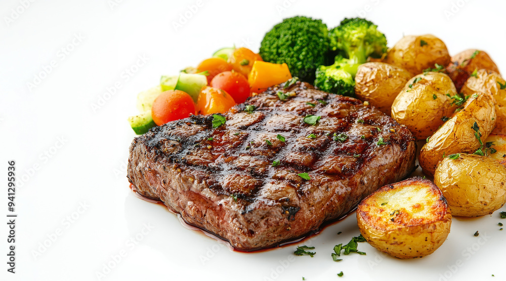 Grilled Steak with Vegetables on White Plate Grilled Steak with Vegetables on White Plate