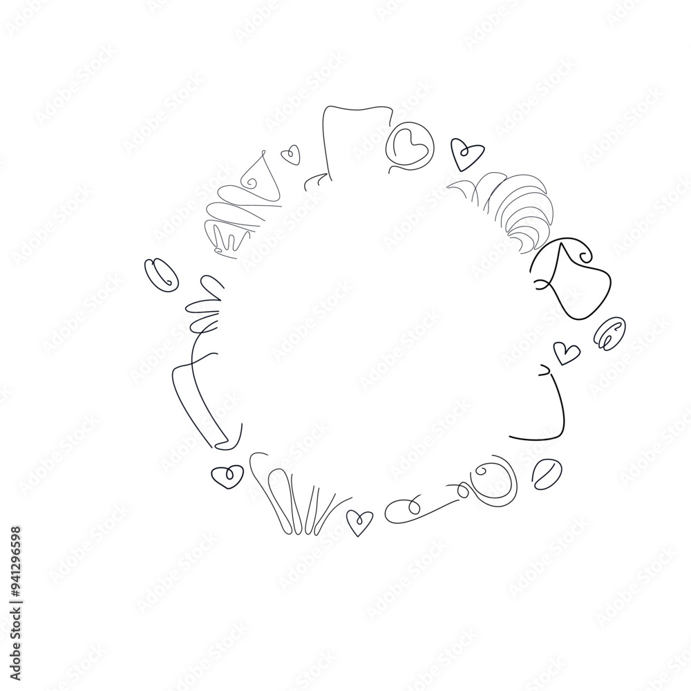 Vector line art coffee shop logo with mug, book, French press, and coffee bag illustration.
Vector line art coffee shop logo with mug, book, French press, and coffee bag illustration.
