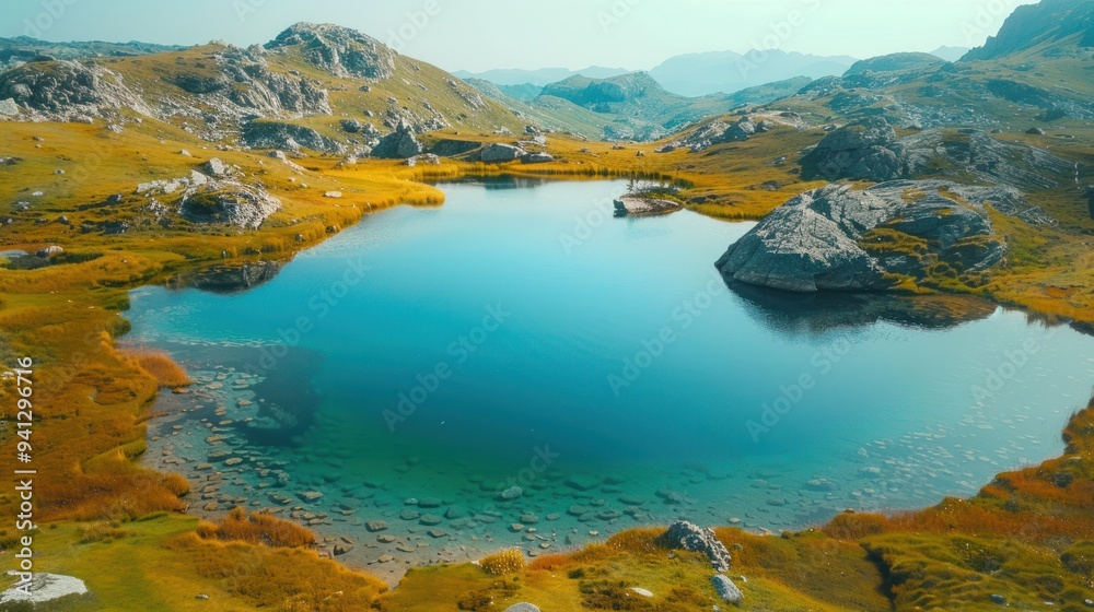 Fototapeta premium A drone perspective of a tranquil mountain lake with reflections
