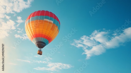 One Colorful hot air balloon floating in a clear blue sky, vibrant rainbow patterns, wispy white clouds, bright sunlight, panoramic view, adventure theme, summer day.