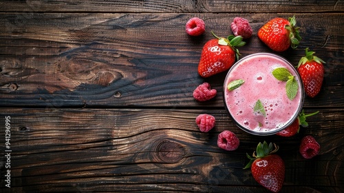 Strawberry Smoothie on Rustic Wooden Table