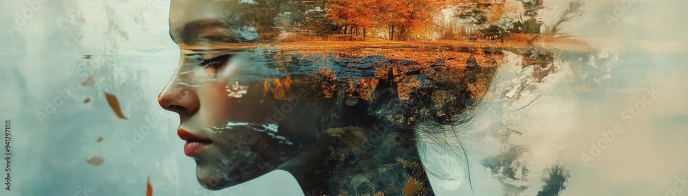 A surreal portrait blending human features with ethereal landscapes, evoking a sense of dreamlike wonder and introspection. A surreal portrait blending human features with ethereal landscapes, evoking a sense of dreamlike wonder and introspection.