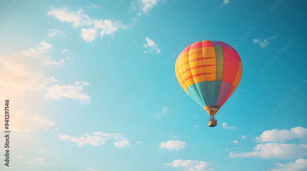 One Colorful hot air balloon floating in a clear blue sky, vibrant rainbow patterns, wispy white clouds, bright sunlight, panoramic view, adventure theme, summer day. One Colorful hot air balloon floating in a clear blue sky, vibrant rainbow patterns, wispy white clouds, bright sunlight, panoramic view, adventure theme, summer day.