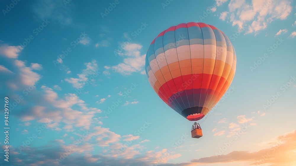 Obraz premium One Colorful hot air balloon floating in a clear blue sky, vibrant rainbow patterns, wispy white clouds, bright sunlight, panoramic view, adventure theme, summer day.