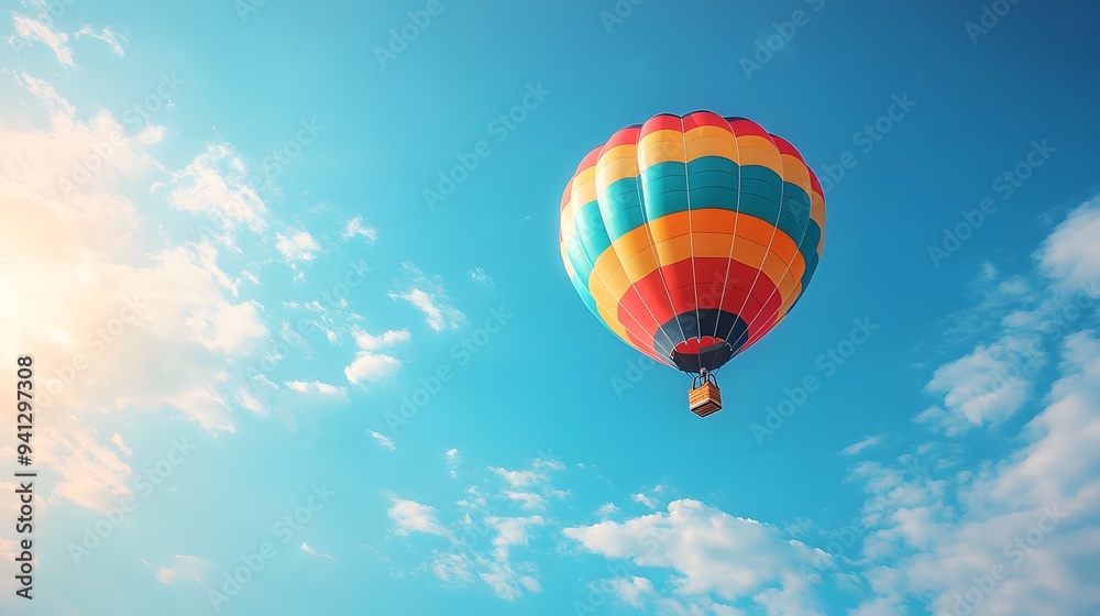 Fototapeta premium One Colorful hot air balloon floating in a clear blue sky, vibrant rainbow patterns, wispy white clouds, bright sunlight, panoramic view, adventure theme, summer day.