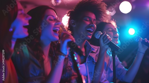 A group of friends singing karaoke.