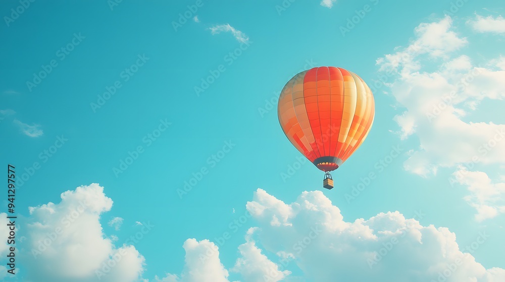 One Colorful hot air balloon floating in a clear blue sky, vibrant rainbow patterns, wispy white clouds, bright sunlight, panoramic view, adventure theme, summer day. One Colorful hot air balloon floating in a clear blue sky, vibrant rainbow patterns, wispy white clouds, bright sunlight, panoramic view, adventure theme, summer day.