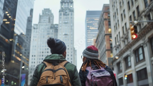 Two people walking in the city, looking up at the buildings.