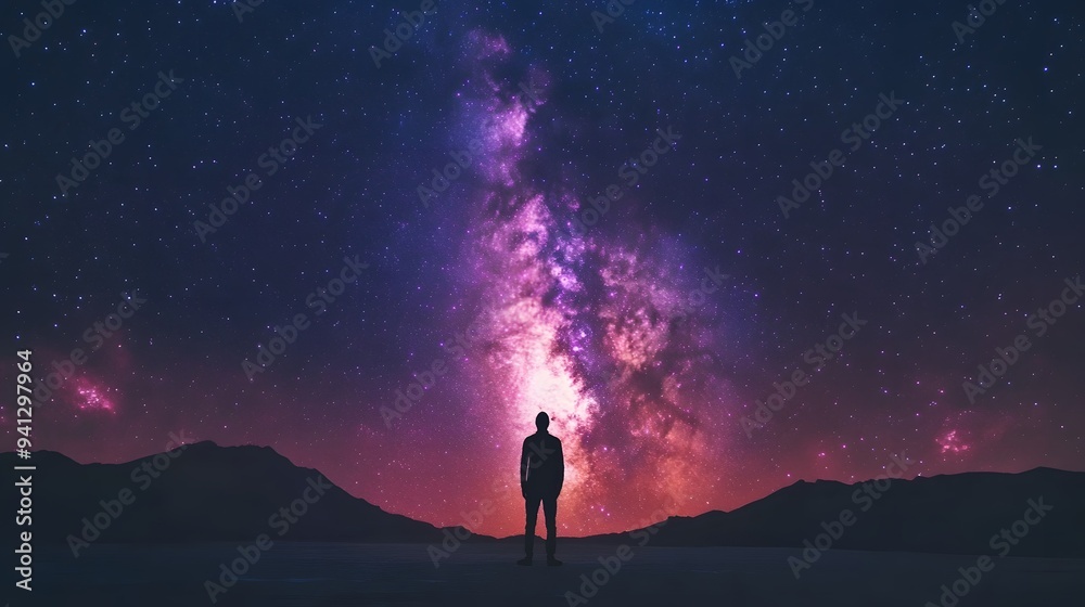Fototapeta premium Stunning Milky Way galaxy, vibrant starry night sky, silhouette of a person standing on horizon, cosmic beauty, astrophotography, deep space, colorful nebula, celestial landscape.