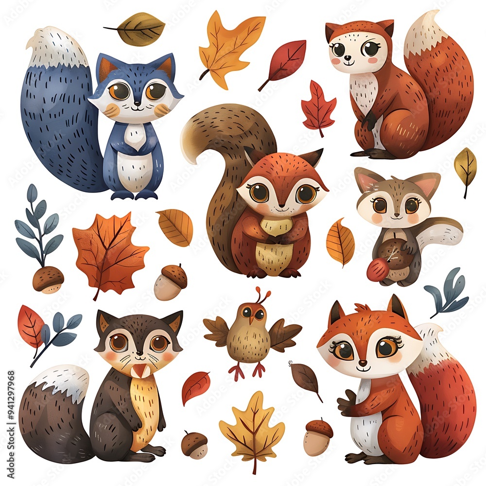 Fototapeta premium A collection of charming autumn animals showcases a fox, squirrel, owl, and other critters surrounded by colorful leaves and acorns, capturing a playful autumn vibe