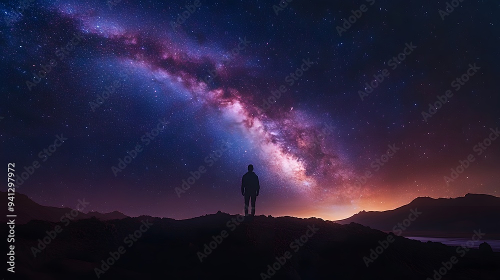 Fototapeta premium Stunning Milky Way galaxy, vibrant starry night sky, silhouette of a person standing on horizon, cosmic beauty, astrophotography, deep space, colorful nebula, celestial landscape.