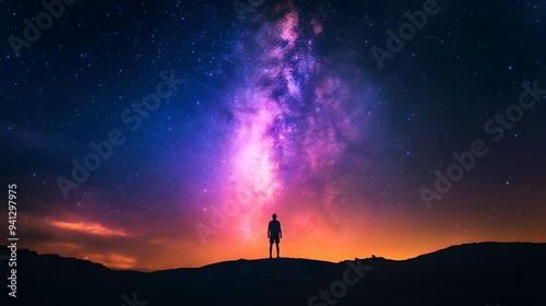 Stunning Milky Way galaxy, vibrant starry night sky, silhouette of a person standing on horizon, cosmic beauty, astrophotography, deep space, colorful nebula, celestial landscape.