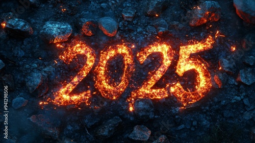 This new year's card features the text "2025" in neon orange on a futuristic stone structure with a black background