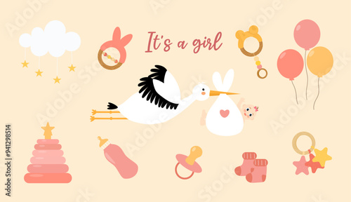 Newborn accessories set. It's a girl. White stork carrying a cute baby. Booties, toys, milk bottles and rattles, pacifier. Maternity and childhood things. Vector illustration in flat style.