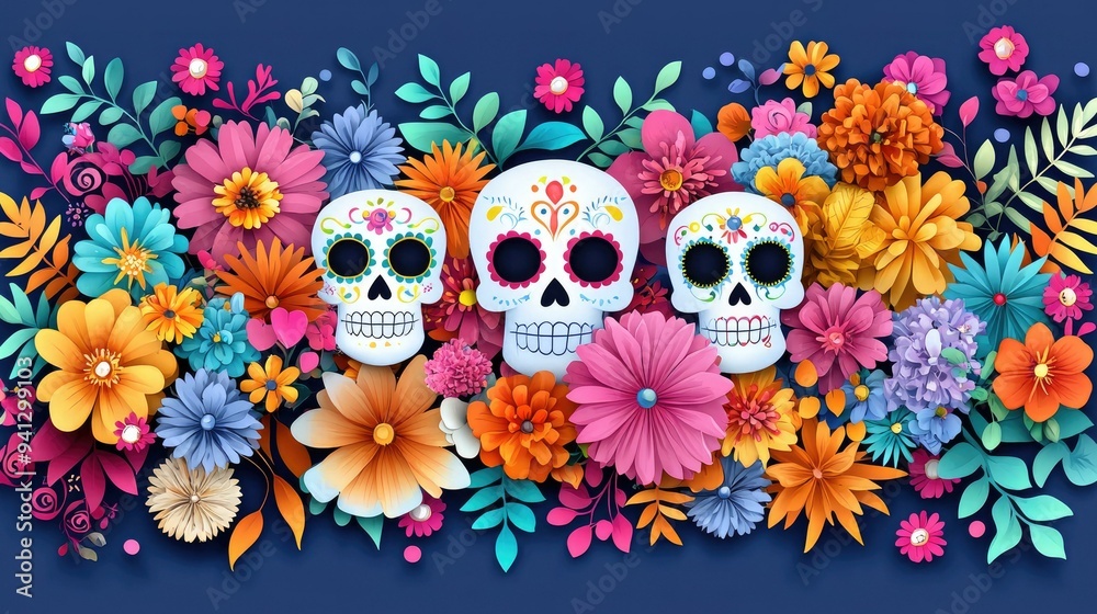 A Day of the Dead inspired artistic design featuring vibrant sugar skulls and beautiful flowers set against a minimalistic background, perfect for easy text placement and festive celebrations. A Day of the Dead inspired artistic design featuring vibrant sugar skulls and beautiful flowers set against a minimalistic background, perfect for easy text placement and festive celebrations.