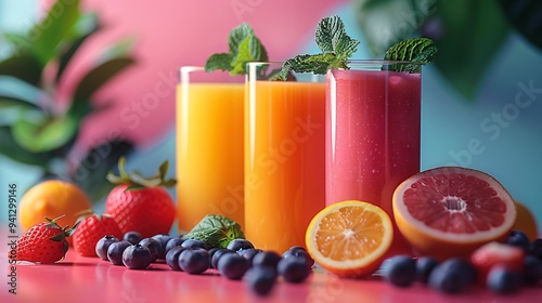 jus de fruits, agrumes et vitamines, arrière plan, fond graphique avec des bouteilles de jus de fruits, ia générative photo