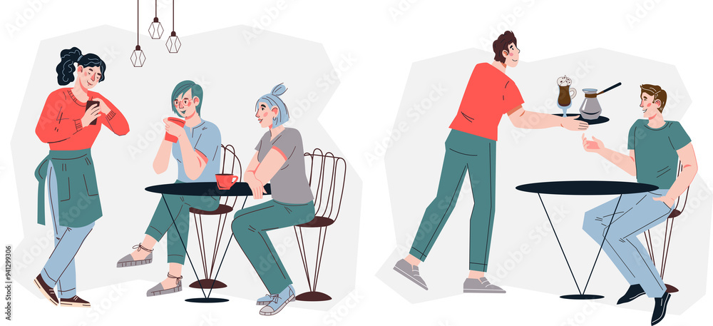 Scene in cafe or coffee shop. People sitting in cafe, chatting and waiters taking order. Scene in cafe or coffee shop. People sitting in cafe, chatting and waiters taking order.
