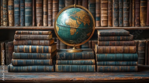 weathered antique books stacked around vintage brass globe warm ambient lighting rich textures symbolizing global knowledge and exploration