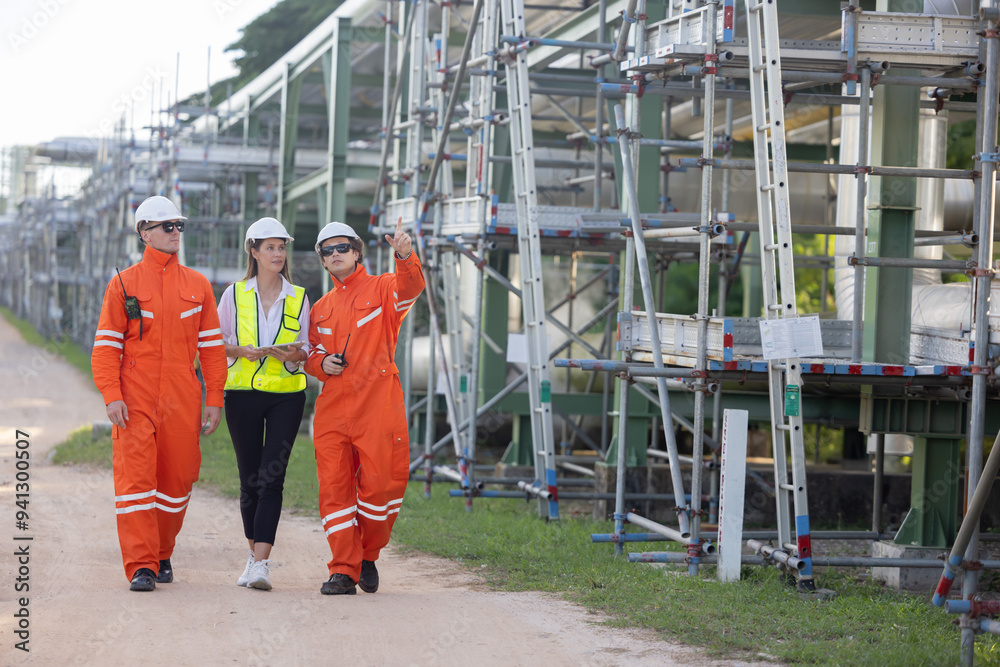 Obraz premium Engineer workers walking and discussing their work along along the oil refinery site