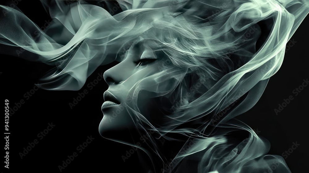 A serene portrait of a woman surrounded by ethereal smoke, capturing a moment of tranquility and mystique against a dark backdrop. A serene portrait of a woman surrounded by ethereal smoke, capturing a moment of tranquility and mystique against a dark backdrop.