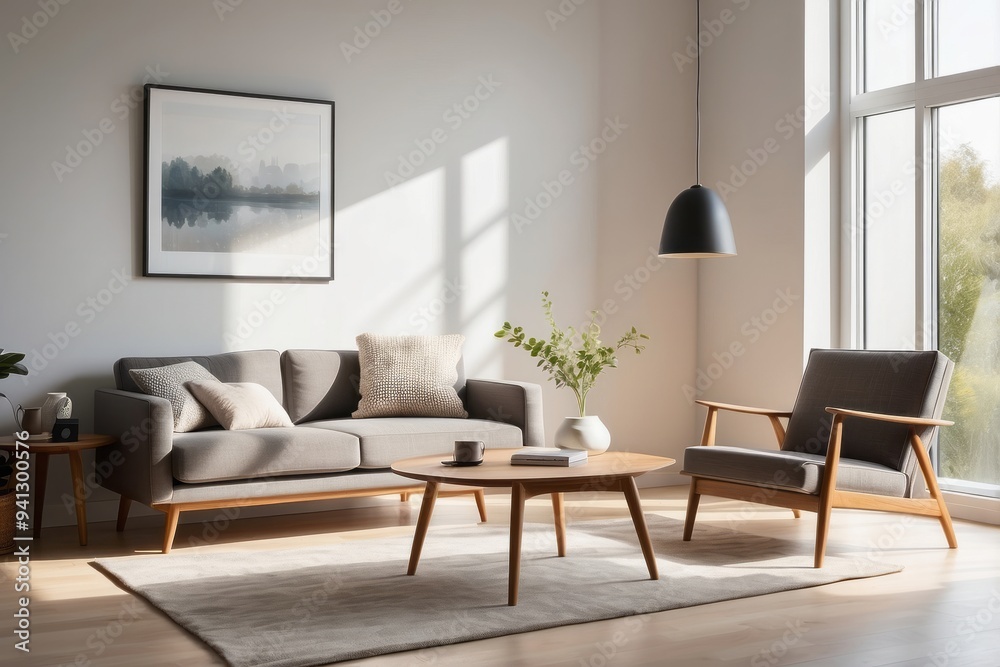 Fototapeta premium Minimalist Living Room with Grey Sofa, Armchair, and Wooden Coffee Table