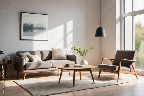 Minimalist Living Room with Grey Sofa, Armchair, and Wooden Coffee Table