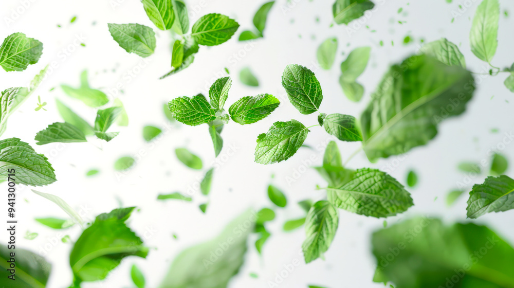 Mint background. A bunch of green fresh juicy mint leaves is floating in the air. The leaves are scattered throughout the image, creating a sense of movement and energy Mint background. A bunch of green fresh juicy mint leaves is floating in the air. The leaves are scattered throughout the image, creating a sense of movement and energy