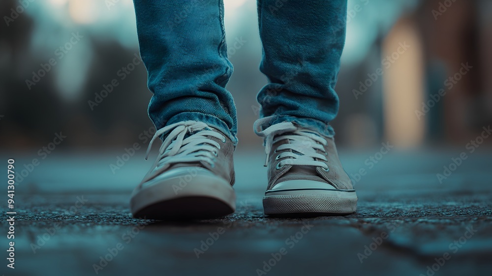 Weathered Sneakers on Gritty Urban Asphalt Path Adventure Weathered Sneakers on Gritty Urban Asphalt Path Adventure