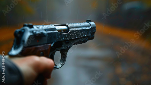 Close-up of a pistol being held in a steady hand during a tense moment in the rain