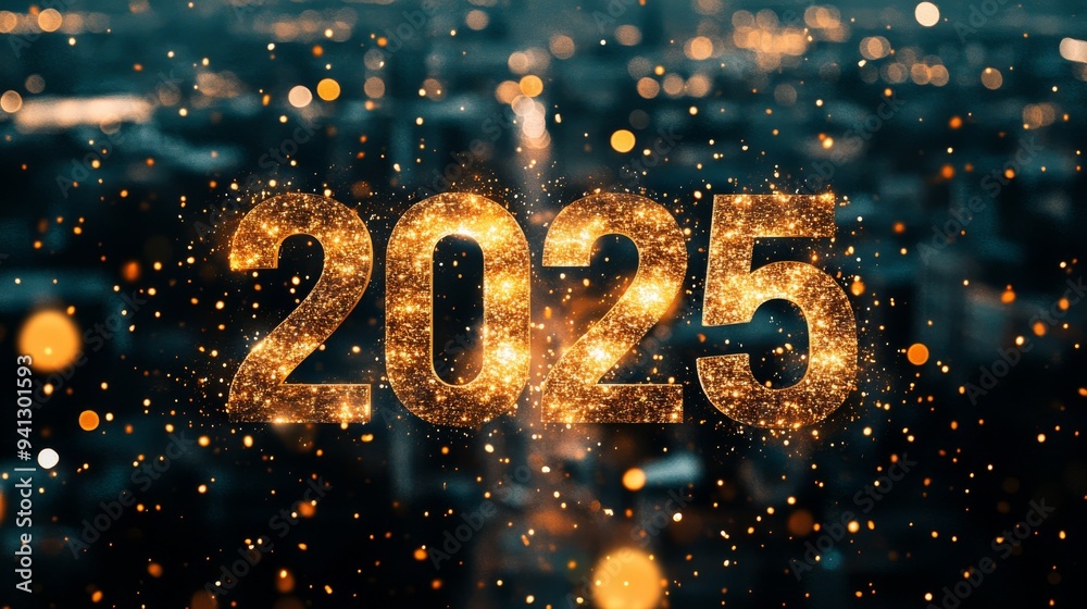 Happy New Year golden text gold glitter urban skyline high-tech futurism background banner modern minimalist celebration holiday greeting card 2025 Happy New Year golden text gold glitter urban skyline high-tech futurism background banner modern minimalist celebration holiday greeting card 2025