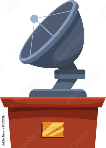 Large satellite dish antenna standing on a pedestal with a nameplate is catching radio waves from space