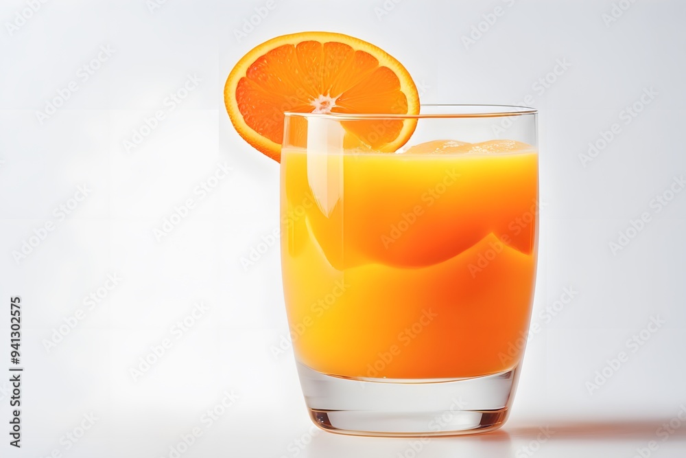 A vibrant orange juice in a glass with a slice of orange on the rim on a white background, AI Generated