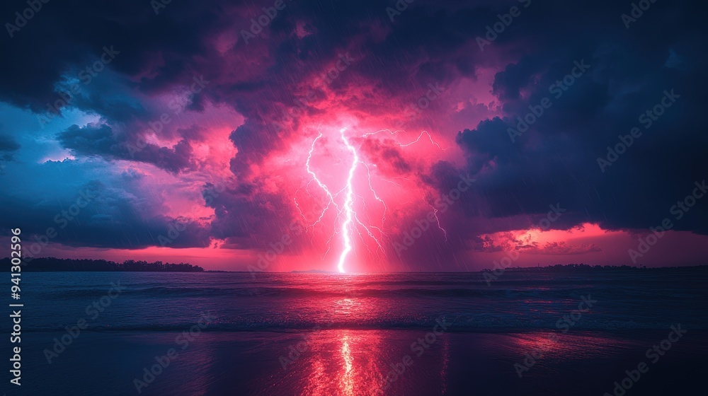 Dramatic Lightning Strike Over Ocean at Sunset with Vibrant Pink and Purple Sky, Reflecting on Calm Water Surface, Capturing the Power and Beauty of Nature in a Stunning Coastal Landscape Dramatic Lightning Strike Over Ocean at Sunset with Vibrant Pink and Purple Sky, Reflecting on Calm Water Surface, Capturing the Power and Beauty of Nature in a Stunning Coastal Landscape
